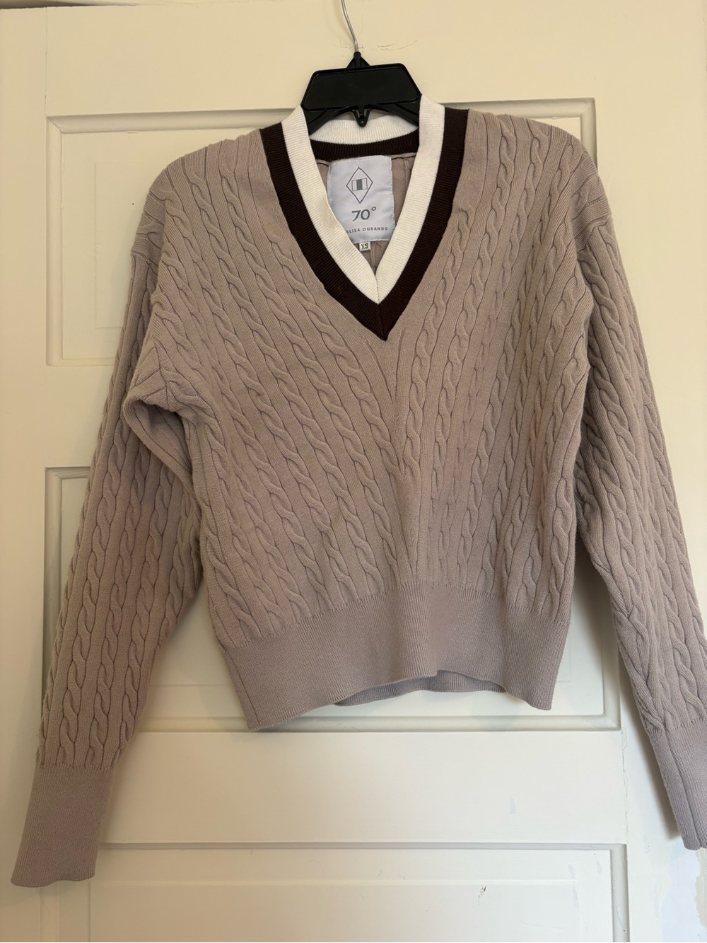 Cable Knit V-Neck Sweater in Taupe with Contrast Trim